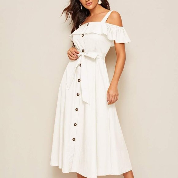 Boho White Flounce Button Maxi Dress - Picture 2 of 6